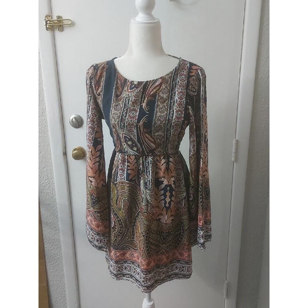 Sage Paisley Boho Bell Sleeve Dress Tie Back S Dopamine Ren Fair Festival Party